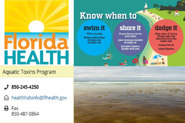 Collage of DOH Logo, aquatic toxins contact info, photo of red tide and DOH infographic